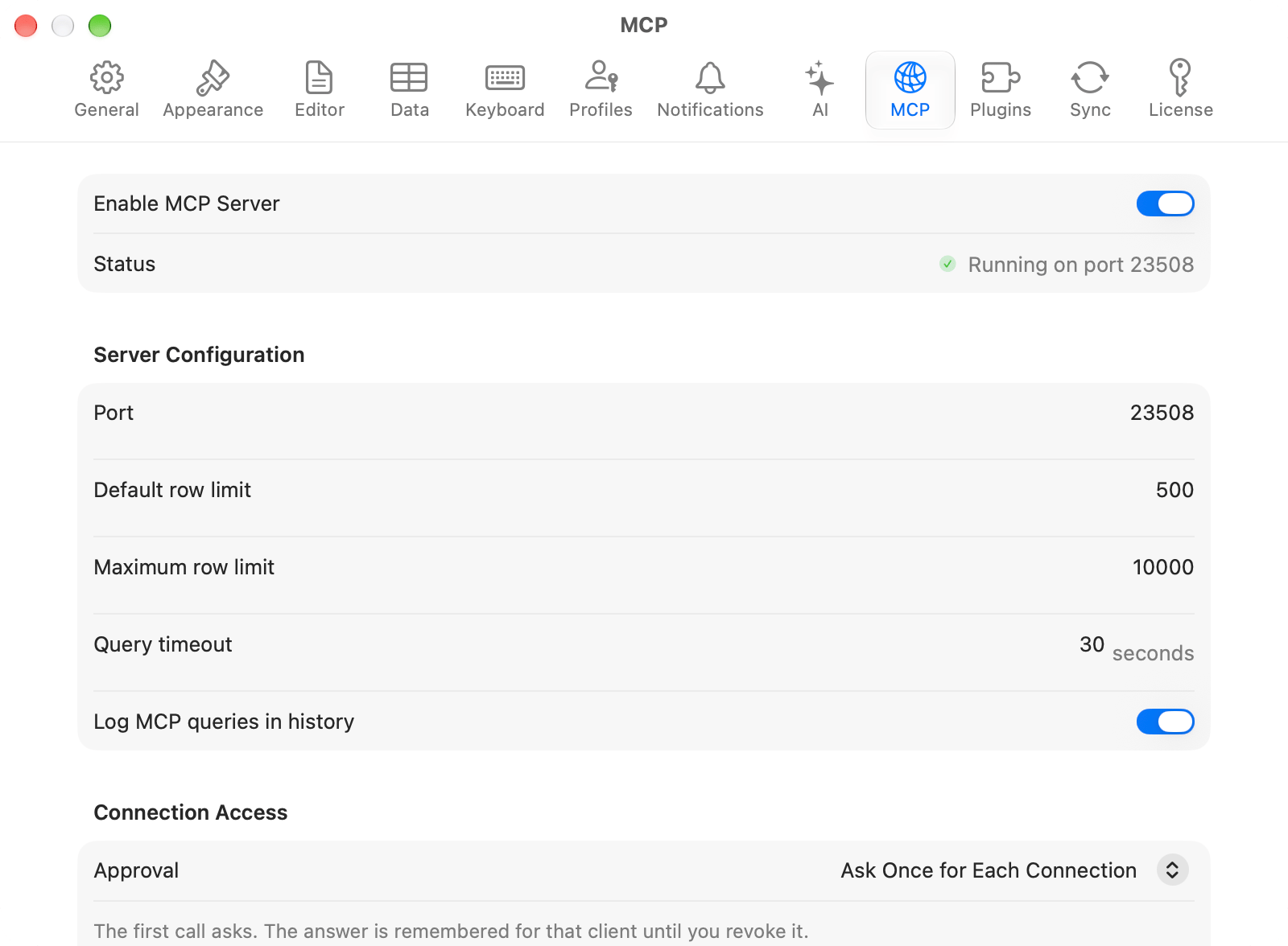 TablePro MCP settings