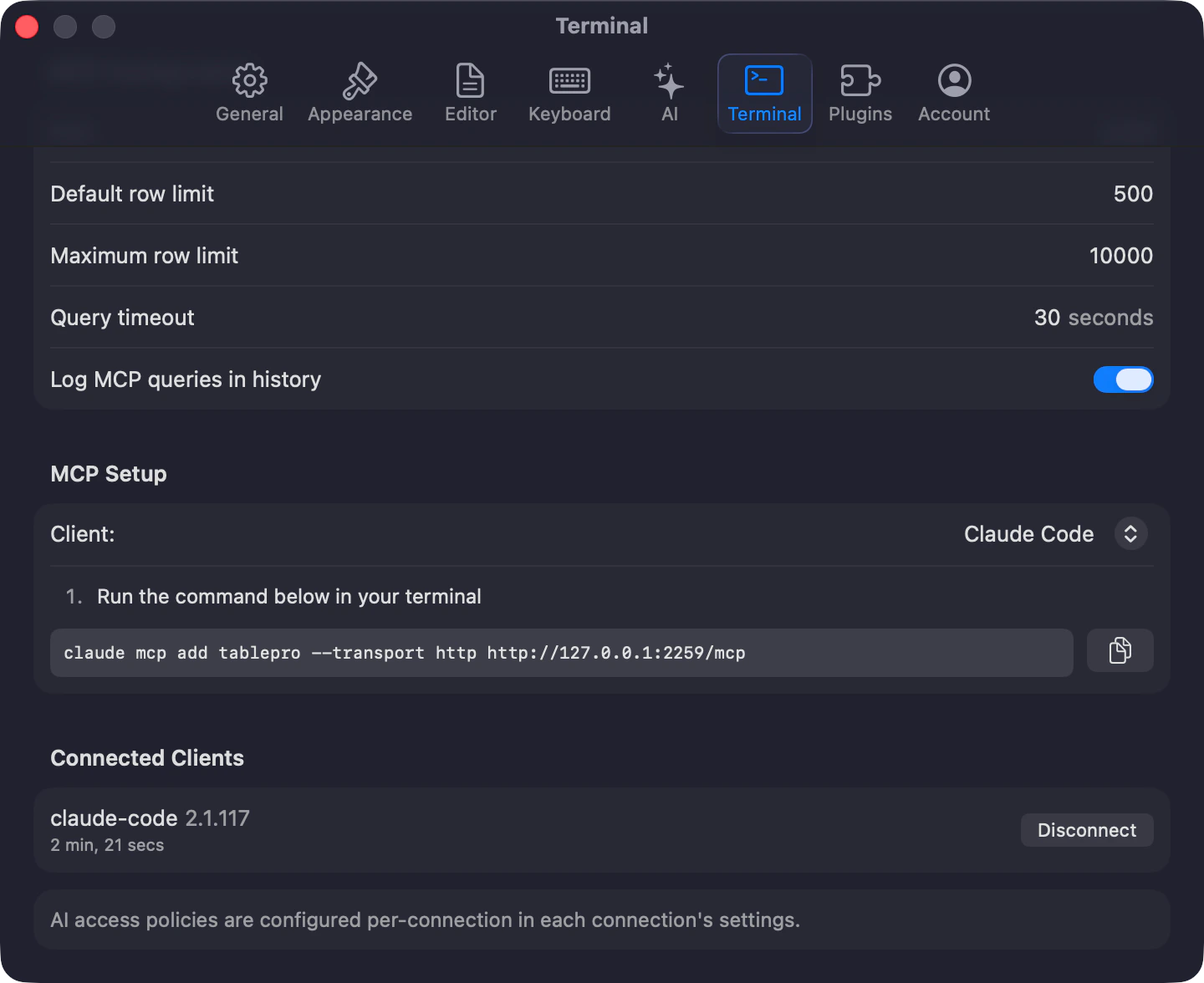 TablePro MCP settings with server status, port configuration, and client setup instructions