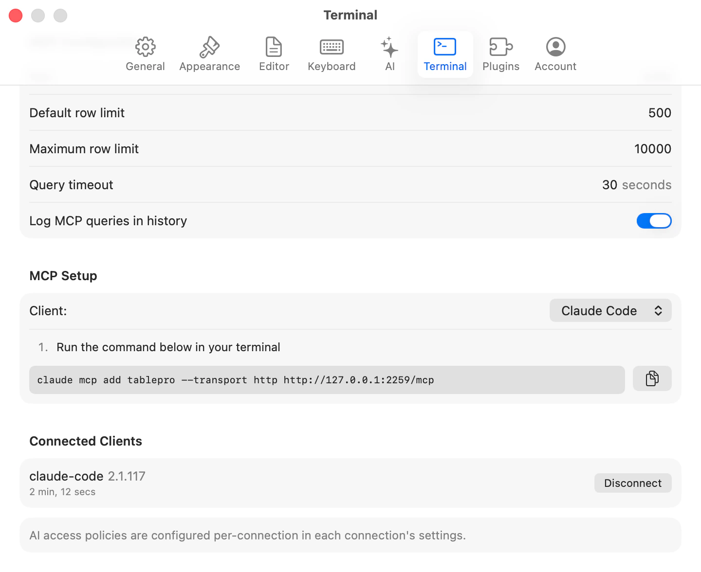 TablePro MCP settings with server status, port configuration, and client setup instructions