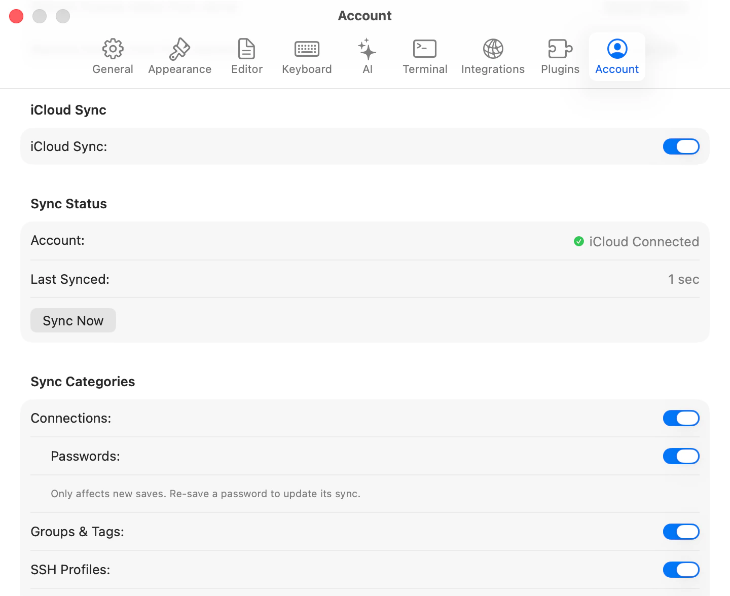 iCloud Sync settings