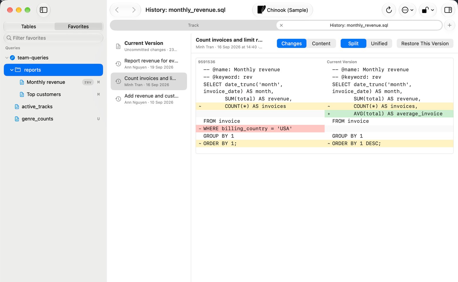 Sidebar with M and U letters beside linked files, next to a history tab listing three commits and a split diff