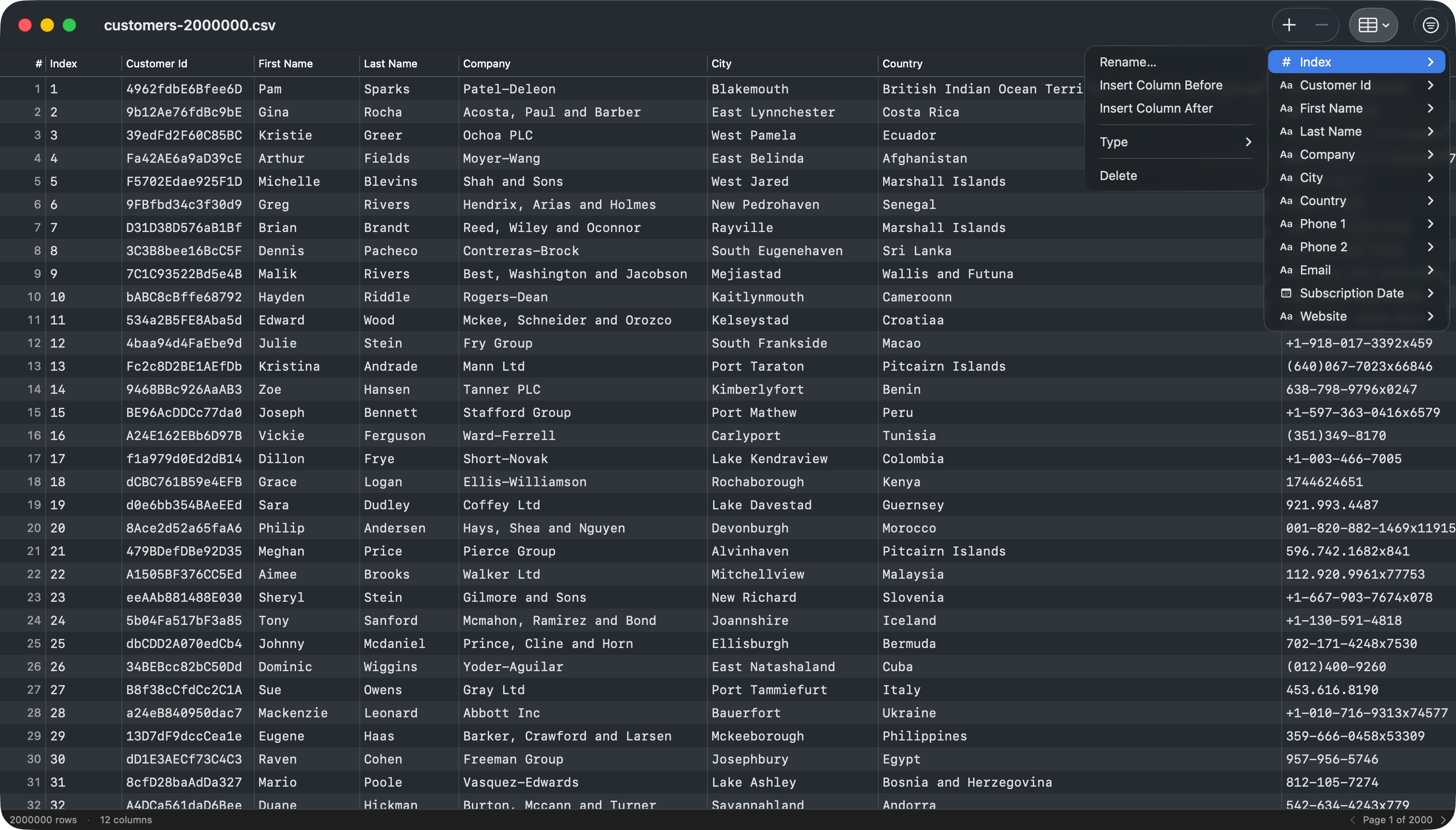 CSV Inspector Columns Menu