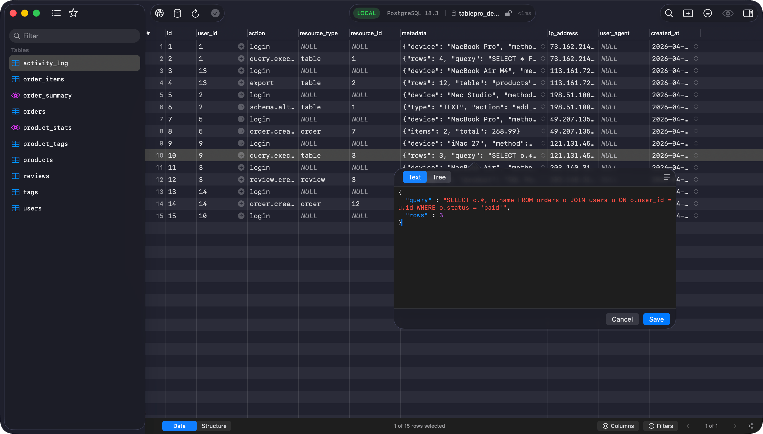 JSON cell editor popover