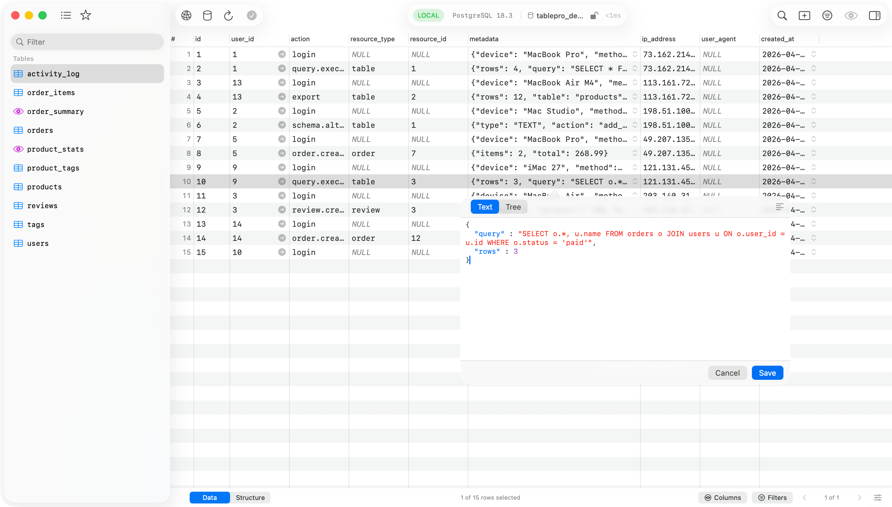 JSON cell editor popover
