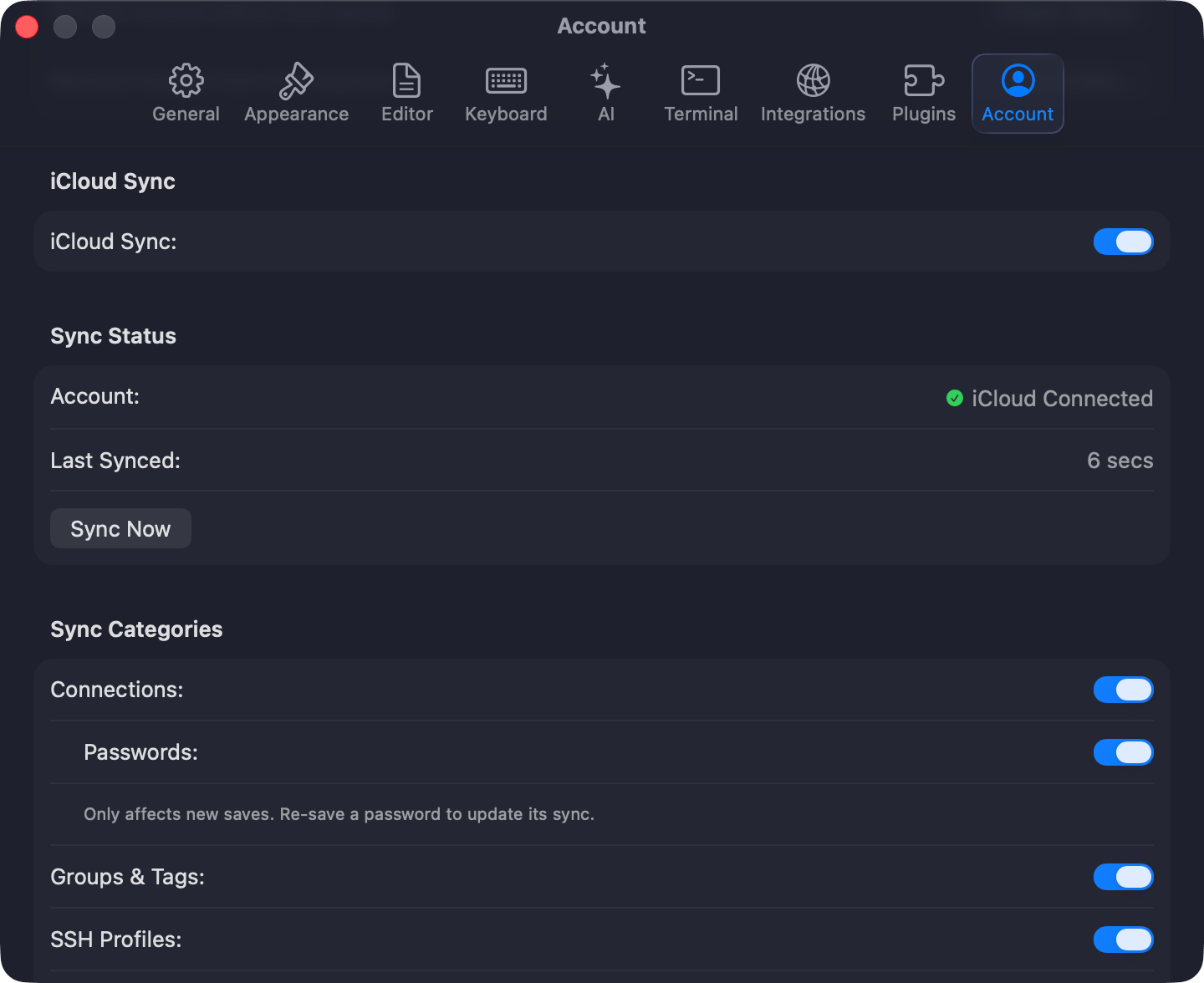 iCloud Sync settings
