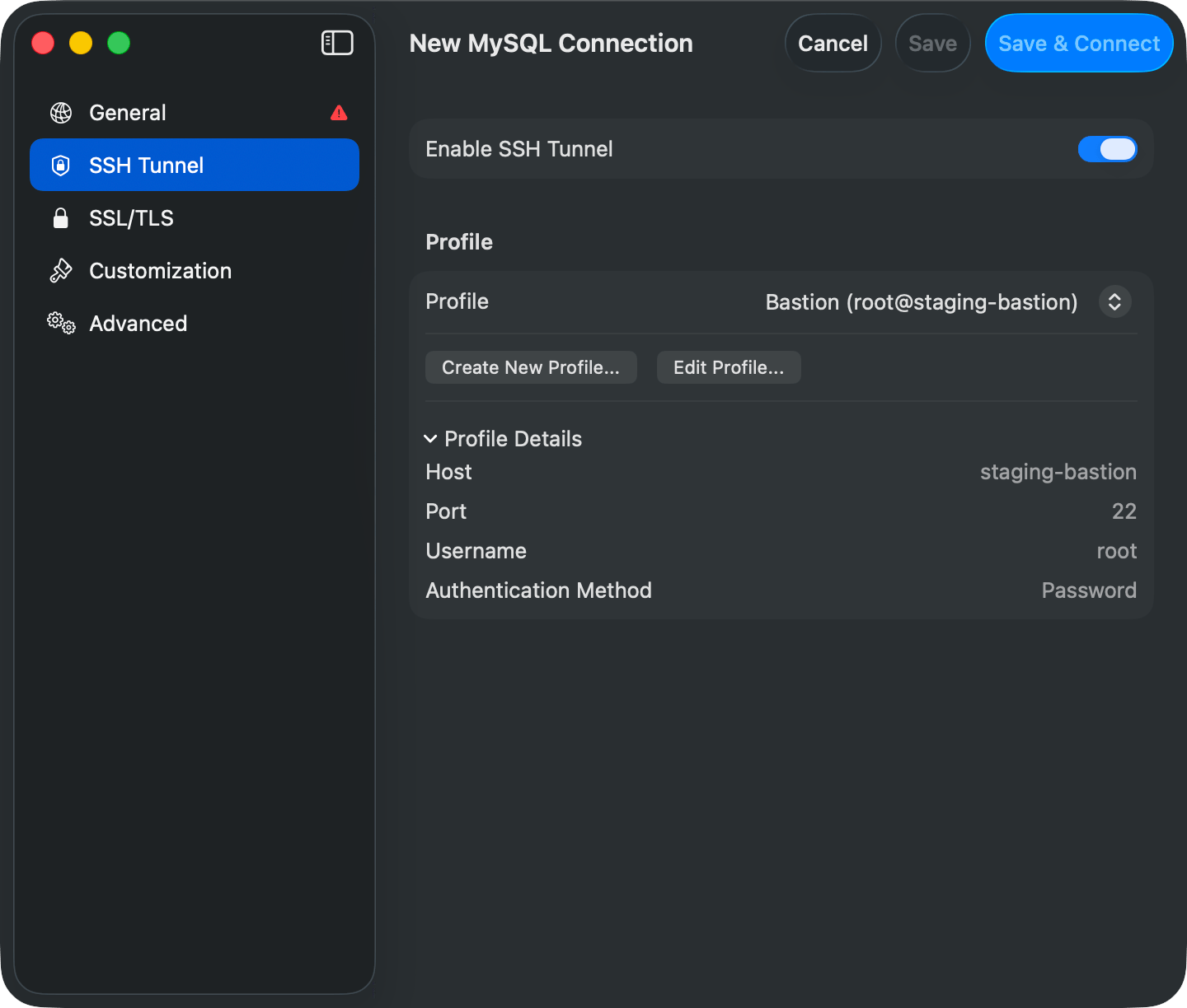 SSH Tunnel pane with a saved profile selected