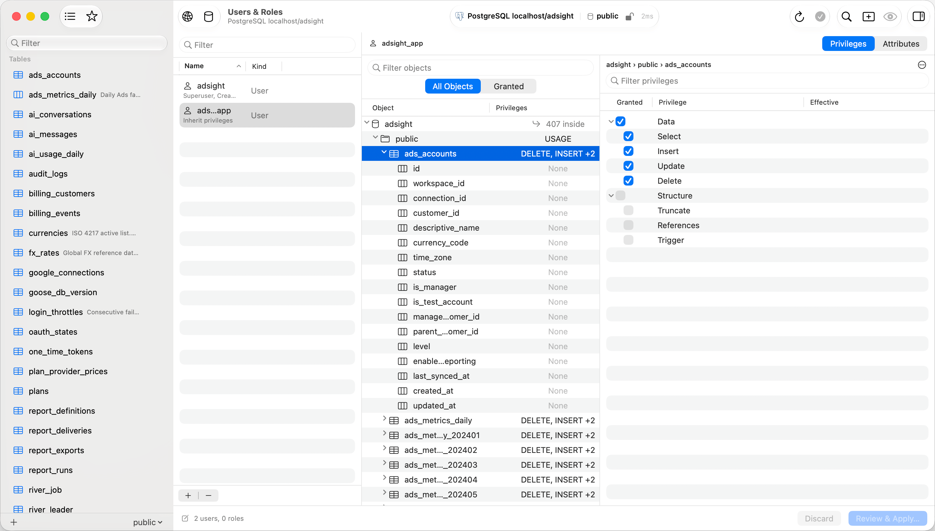 Users and Roles tab with the account list, object tree, and privilege checklist