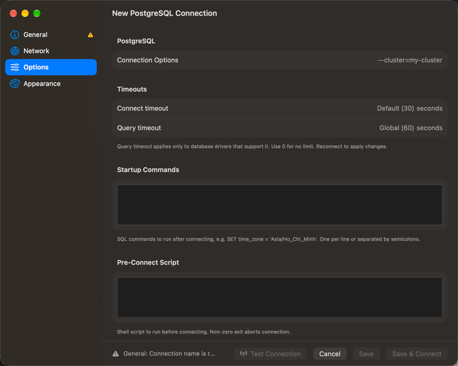 PostgreSQL connection Options pane in dark appearance with Connect timeout and Query timeout fields using their inherited defaults