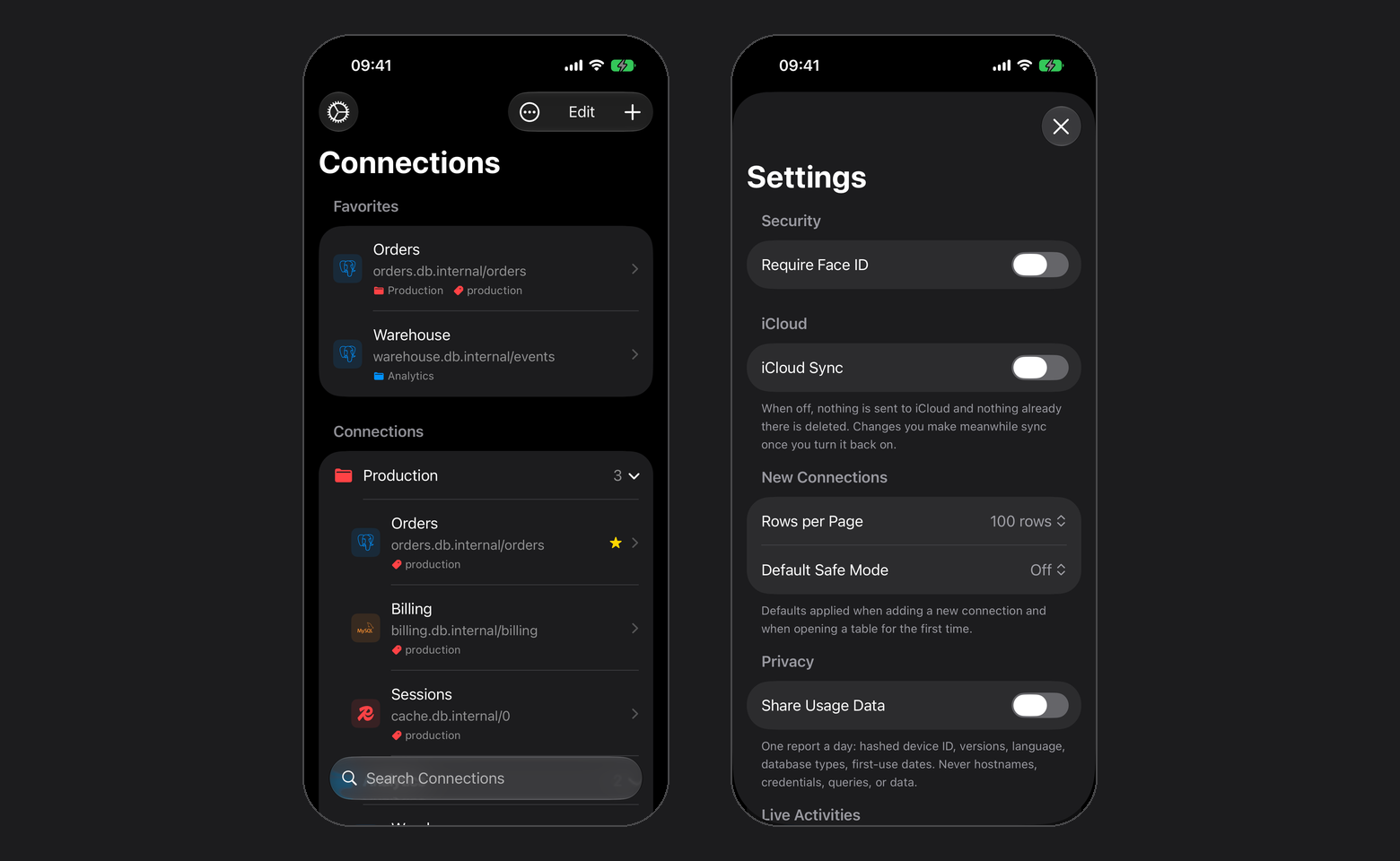 Connections grouped under Favorites and a Production folder, next to Settings with Security, iCloud and New Connections sections