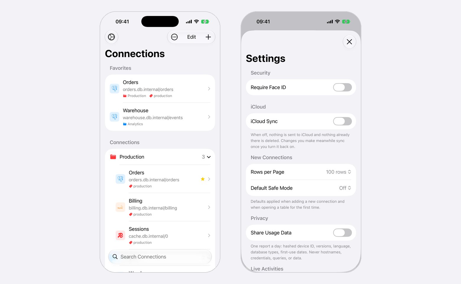 Connections grouped under Favorites and a Production folder, next to Settings with Security, iCloud and New Connections sections