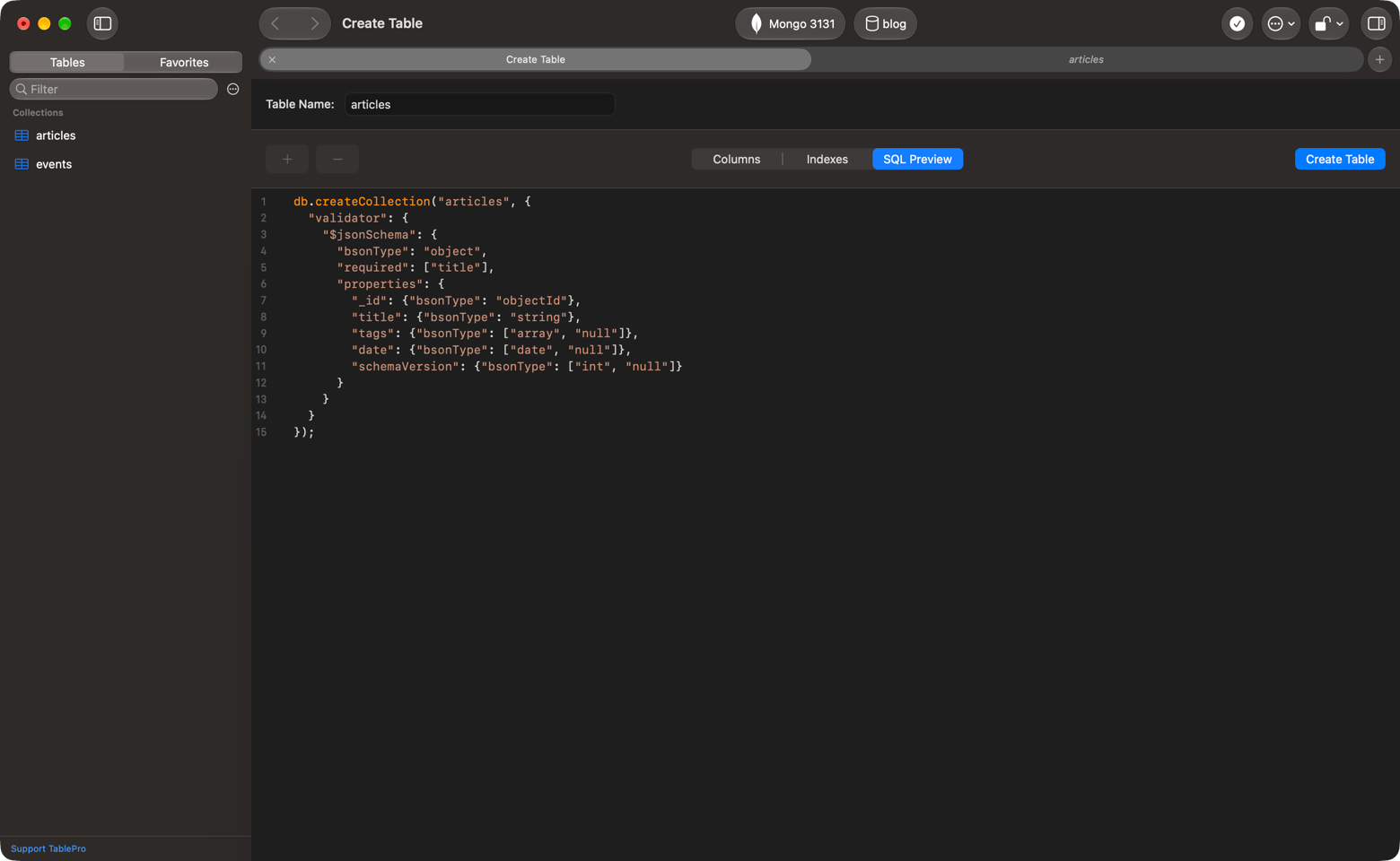 SQL Preview tab of Create Table showing db.createCollection for articles with a $jsonSchema listing _id, title, tags, date and schemaVersion