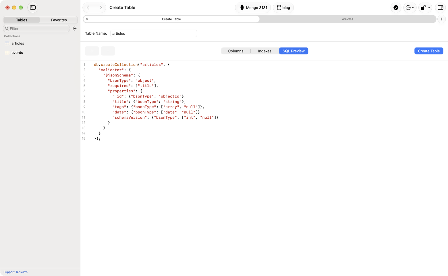 SQL Preview tab of Create Table showing db.createCollection for articles with a $jsonSchema listing _id, title, tags, date and schemaVersion