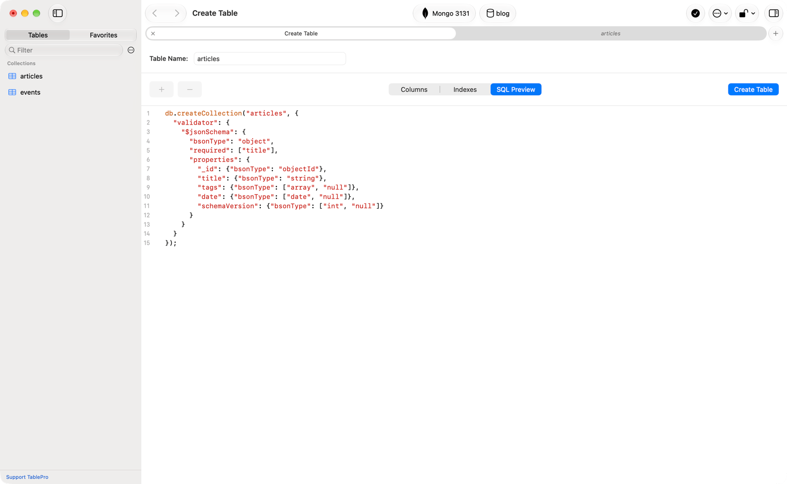 SQL Preview tab of Create Table showing db.createCollection for articles with a $jsonSchema listing _id, title, tags, date and schemaVersion