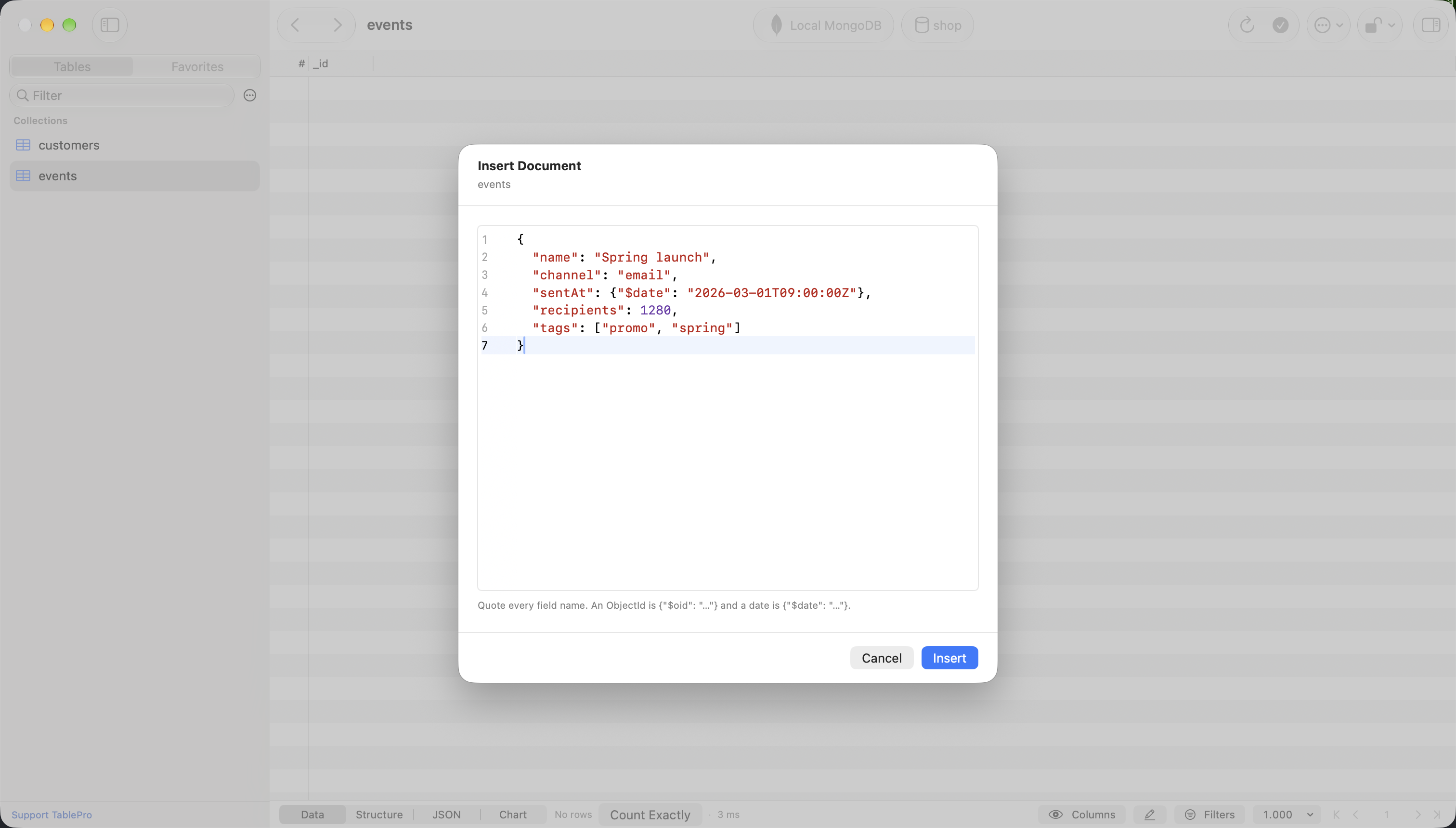 Insert Document sheet over the empty events collection, holding a document with a name, a channel, a date, a count and a list of tags