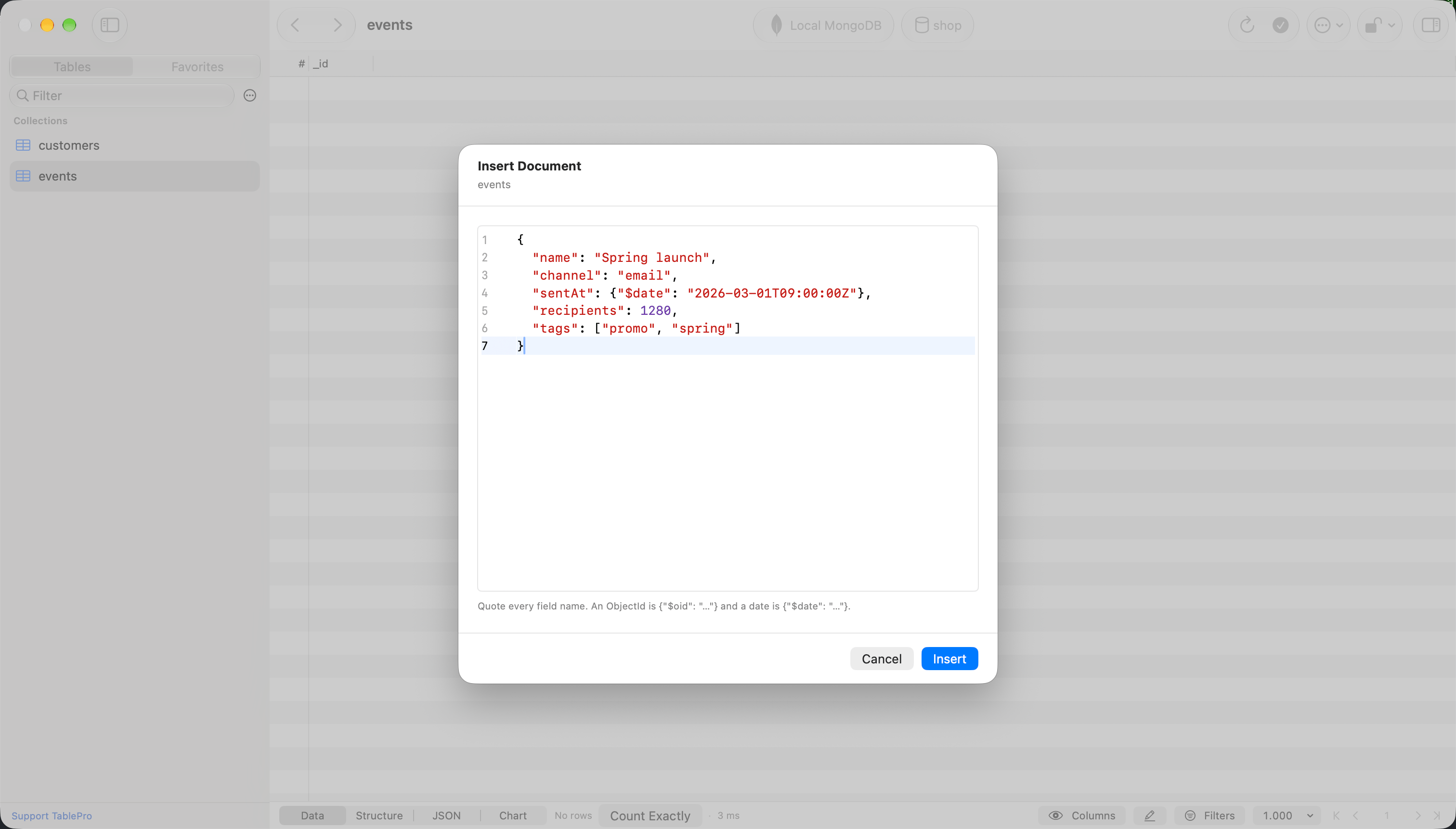 Insert Document sheet over the empty events collection, holding a document with a name, a channel, a date, a count and a list of tags
