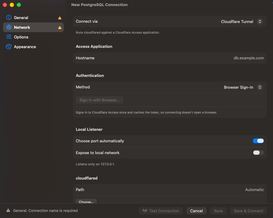 Access hostname, authentication method and local listener fields