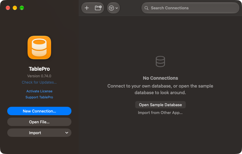 Welcome window with New Connection, Open File and Import on the left, and a search field over an empty connection list offering the sample database