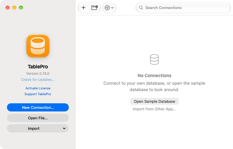 Welcome window with New Connection, Open File and Import on the left, and a search field over an empty connection list offering the sample database