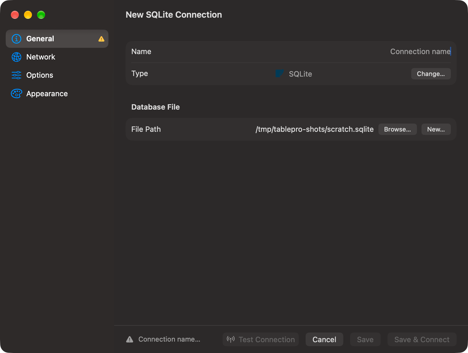 SQLite connection form with a file path, Browse and New buttons