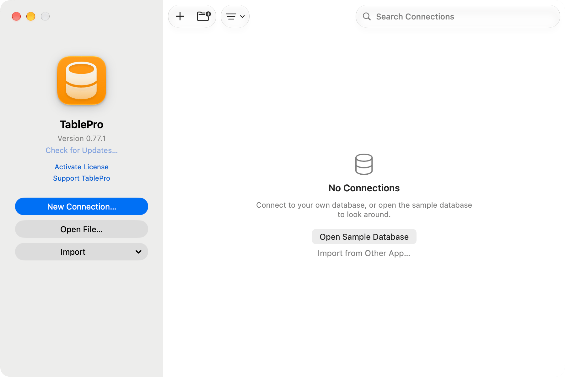 Welcome window with New Connection, Open File and Import on the left, and a search field over an empty connection list offering the sample database