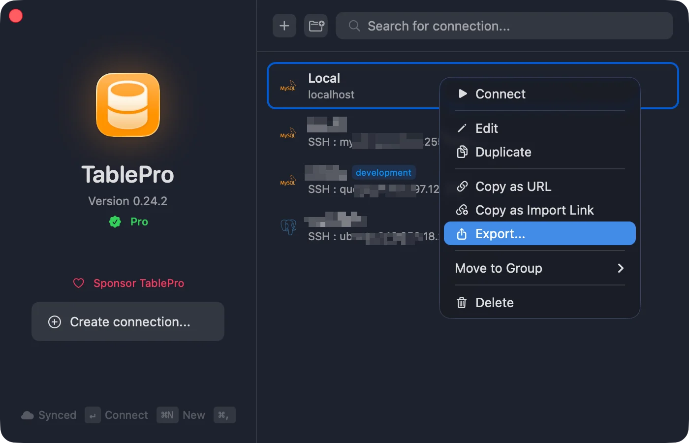 Export connections