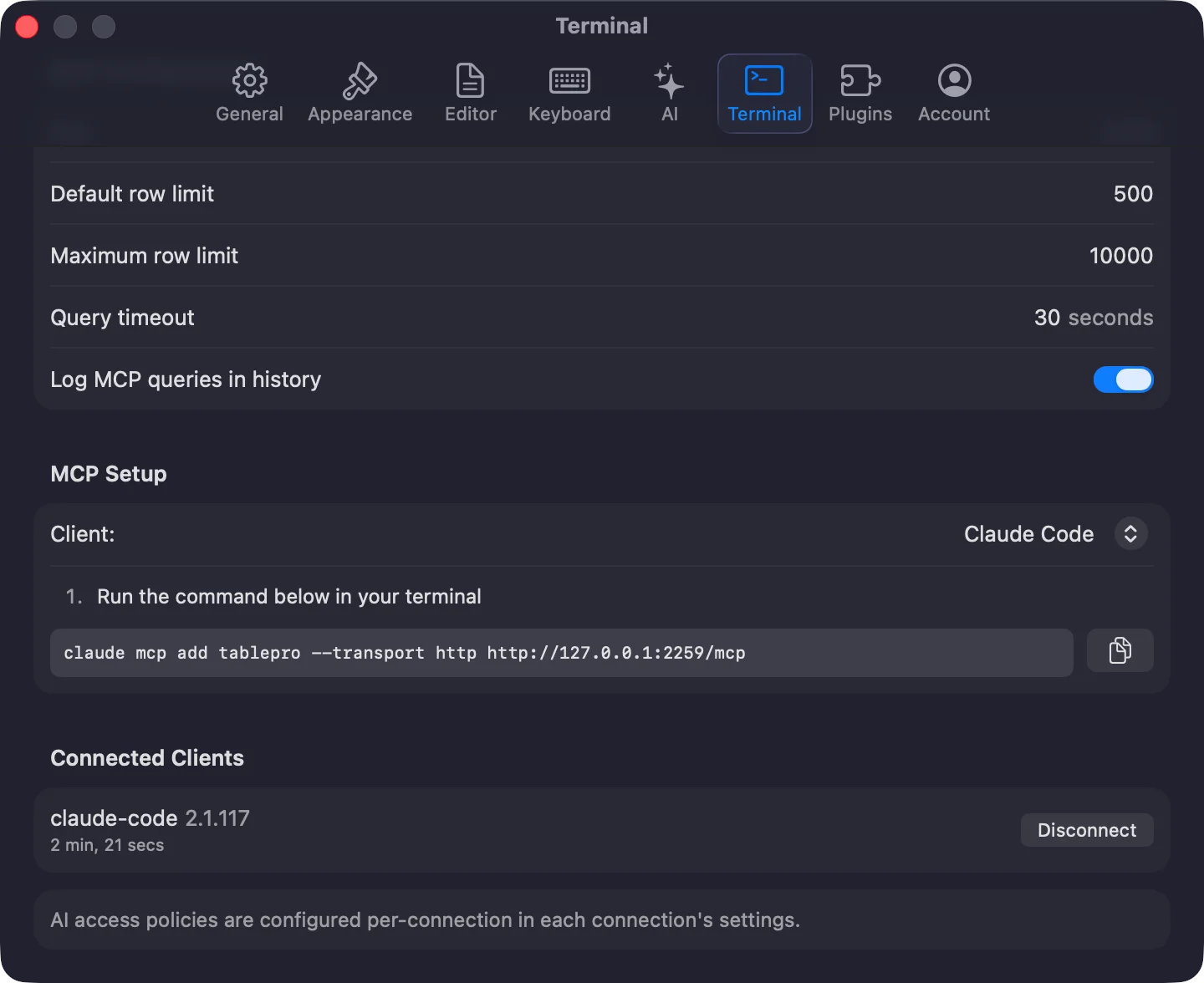TablePro MCP settings with server status, port configuration, and client setup instructions