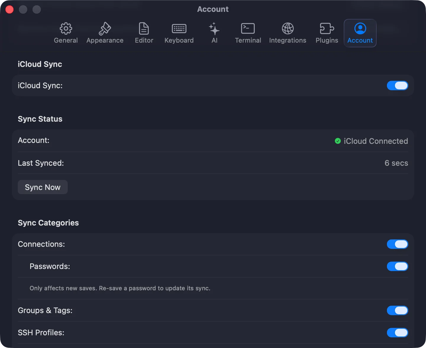 iCloud Sync settings