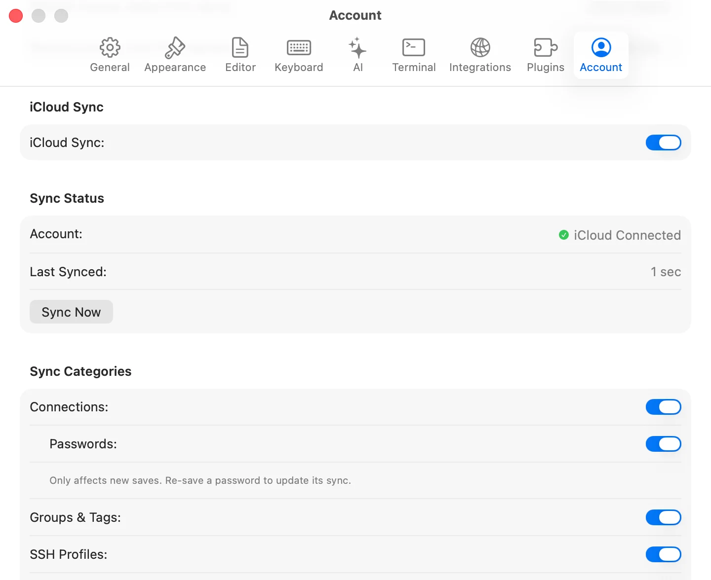 iCloud Sync settings