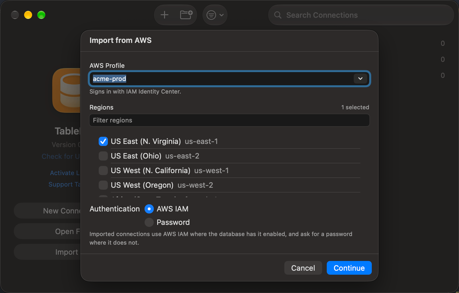 Import from AWS sheet, profile acme-prod, us-east-1 checked, Authentication set to AWS IAM