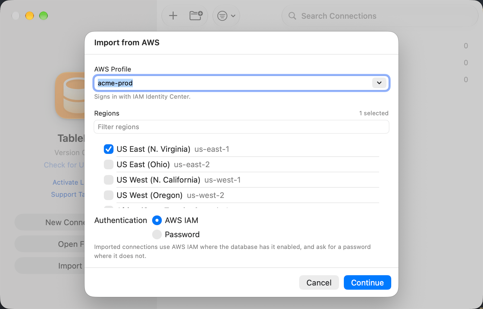 Import from AWS sheet, profile acme-prod, us-east-1 checked, Authentication set to AWS IAM