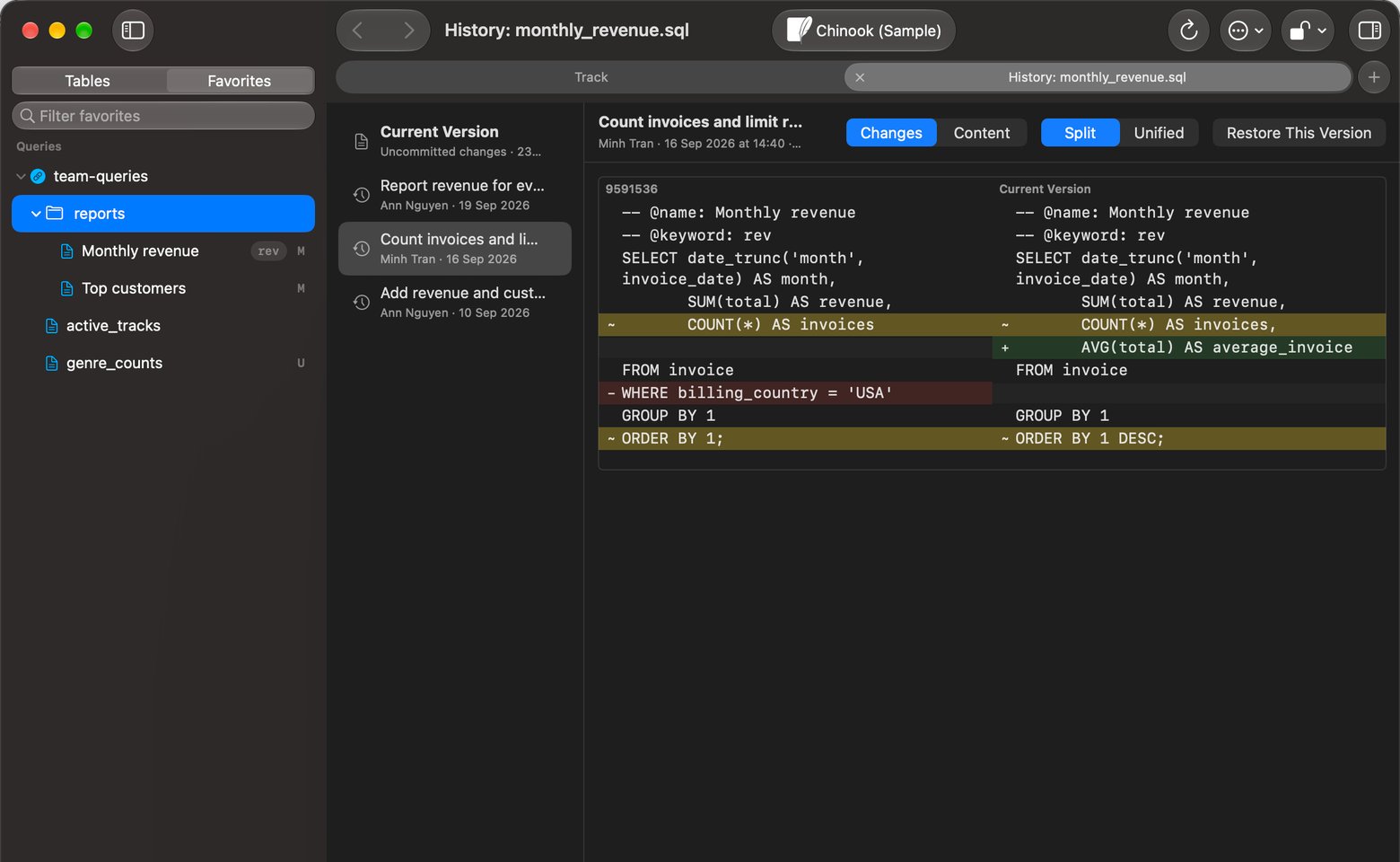 Sidebar with M and U letters beside linked files, next to a history tab listing three commits and a split diff