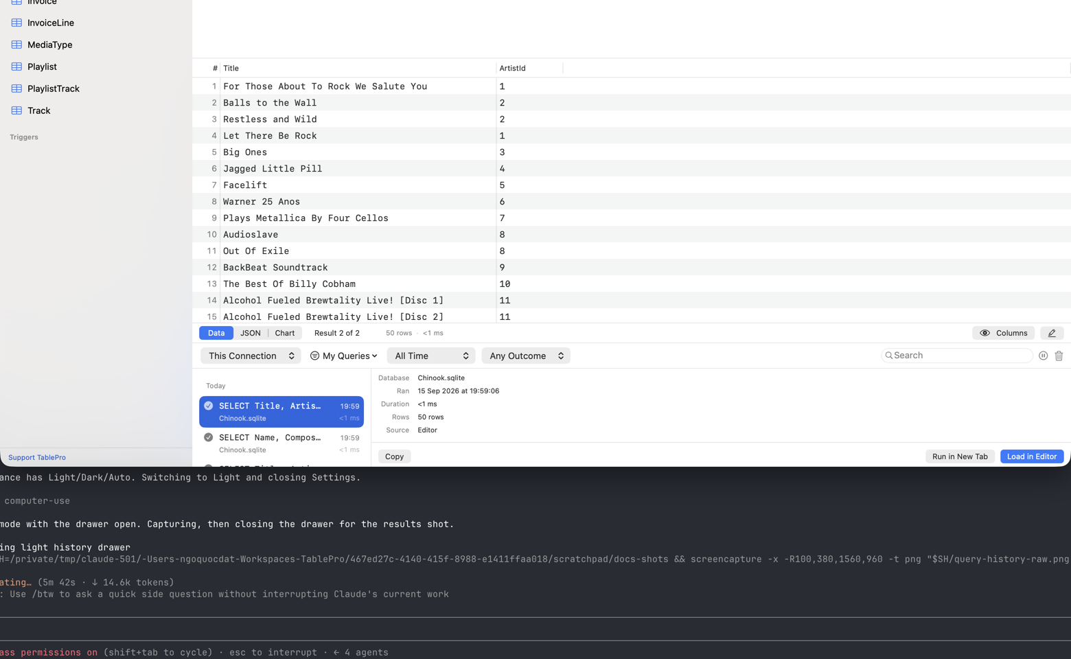 Query history drawer