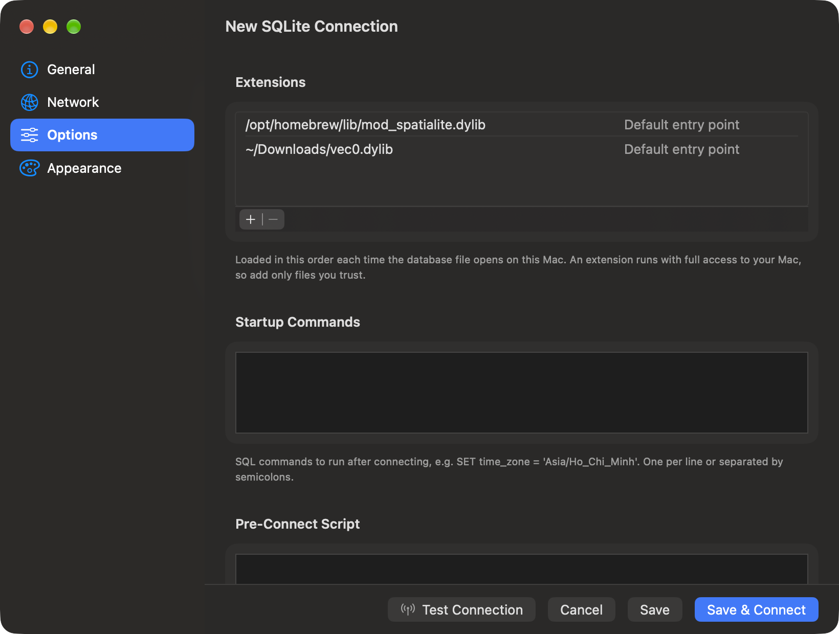 The Options pane of a new SQLite connection. The Extensions list holds /opt/homebrew/lib/mod_spatialite.dylib above ~/Downloads/vec0.dylib, each row's entry point field reads Default entry point, and the add and remove buttons sit under the list