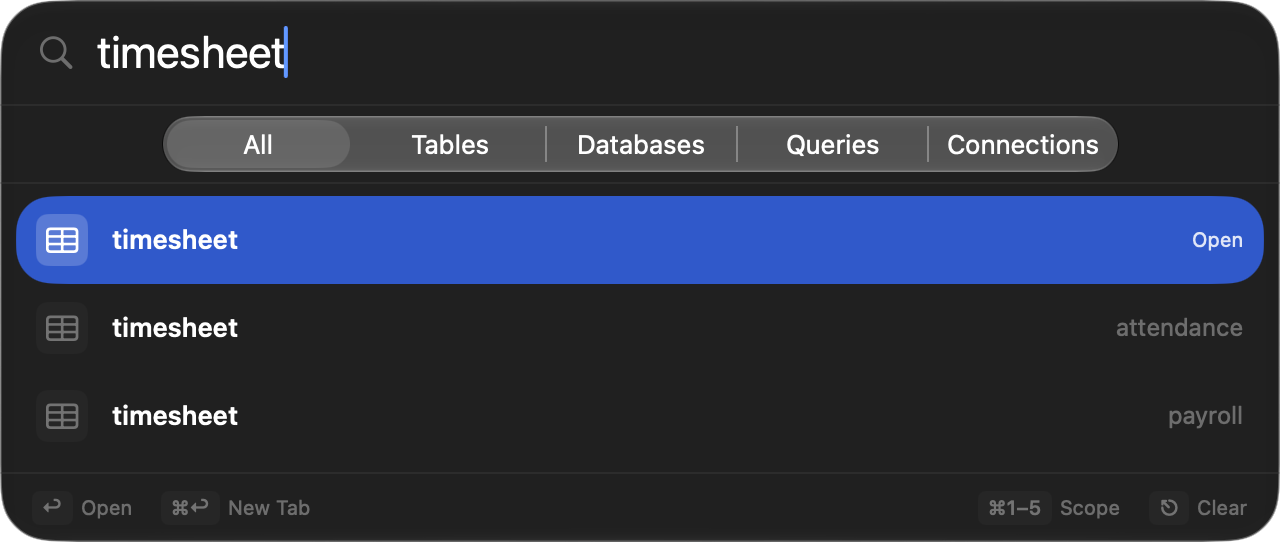 Open Quickly searching timesheet, with rows for public, attendance and payroll