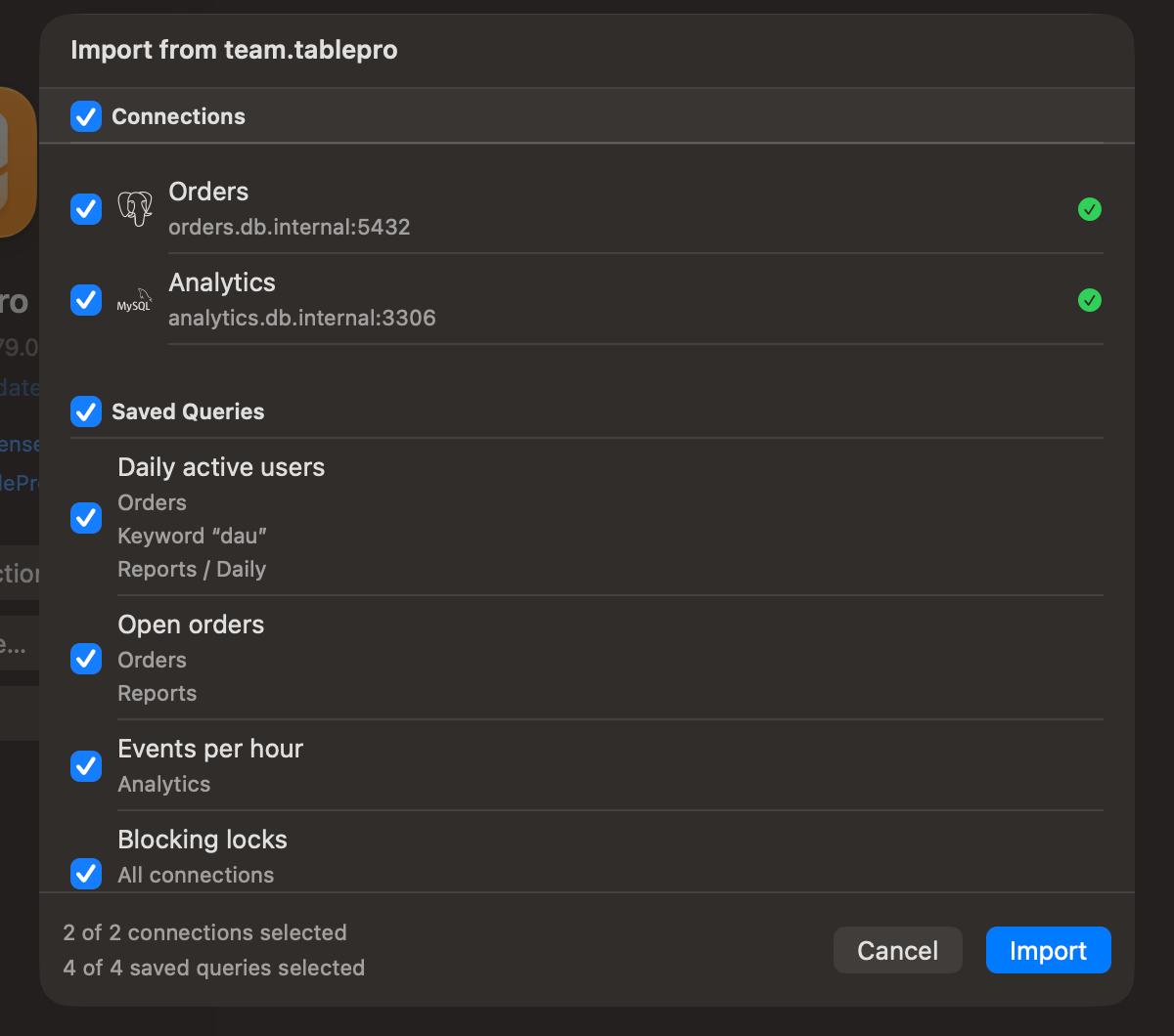 Import preview listing the connections and saved queries found