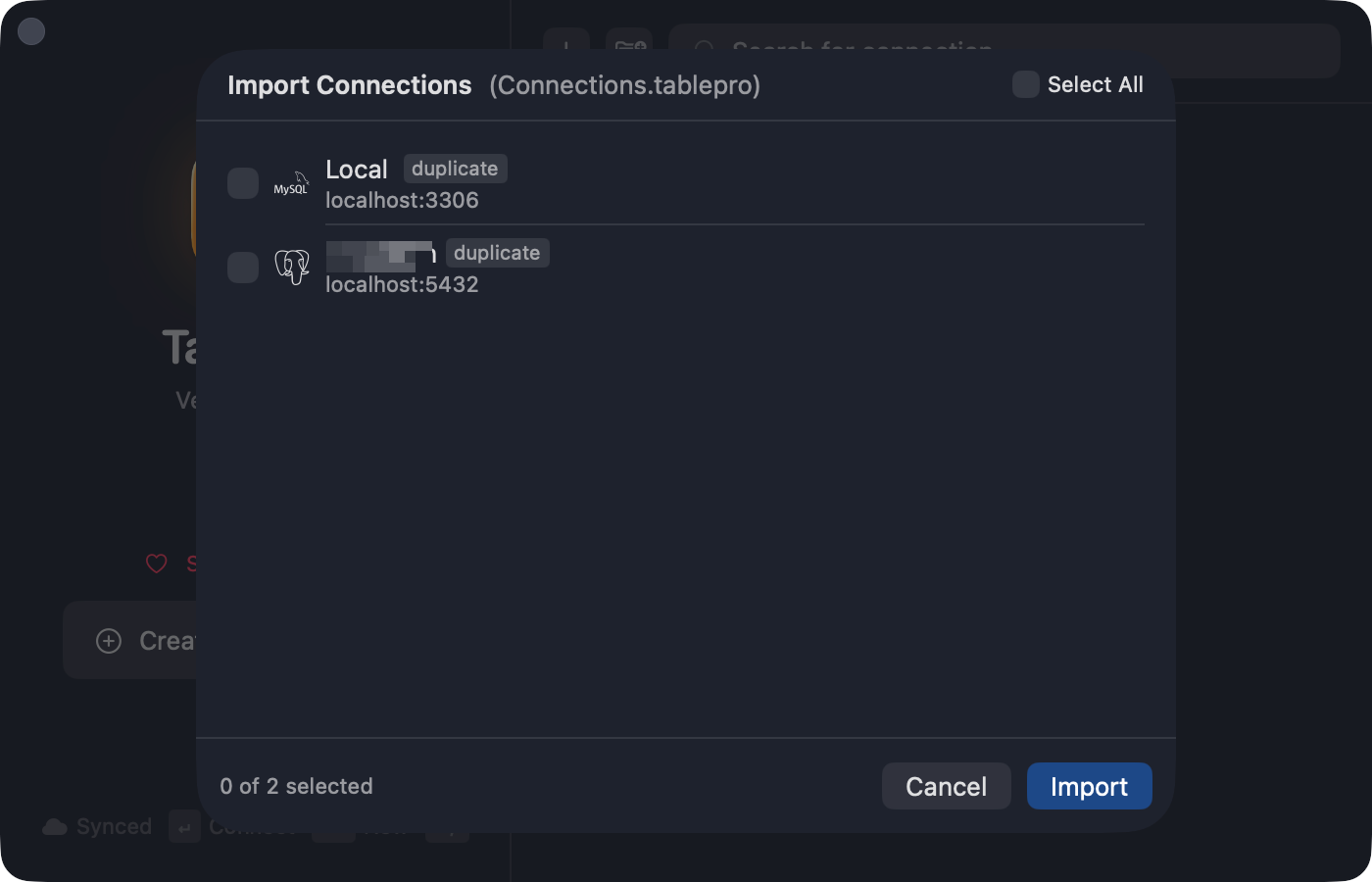 Import preview listing the connections found