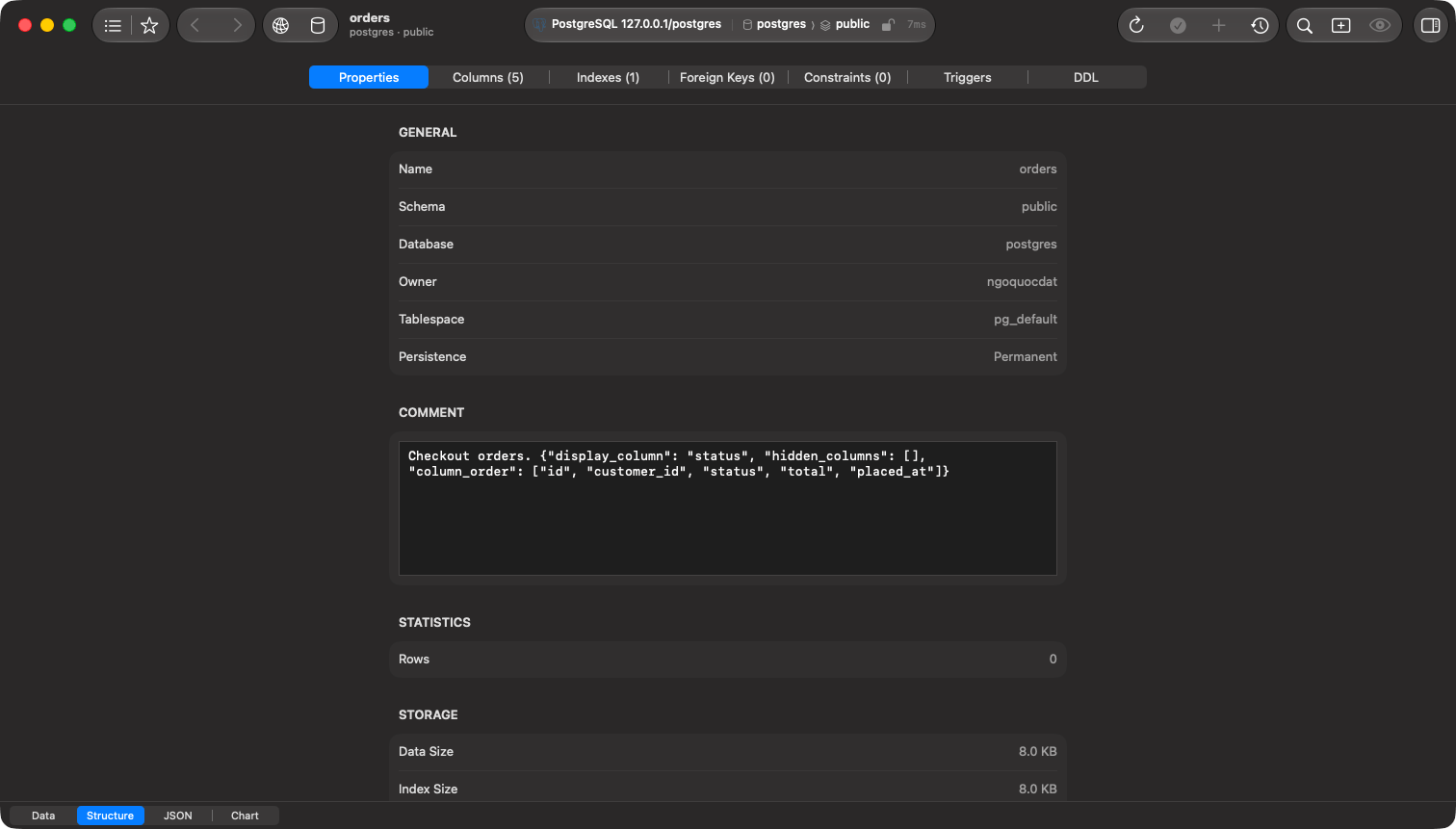 A grouped form listing name, schema, owner and tablespace above a comment field holding several lines of JSON