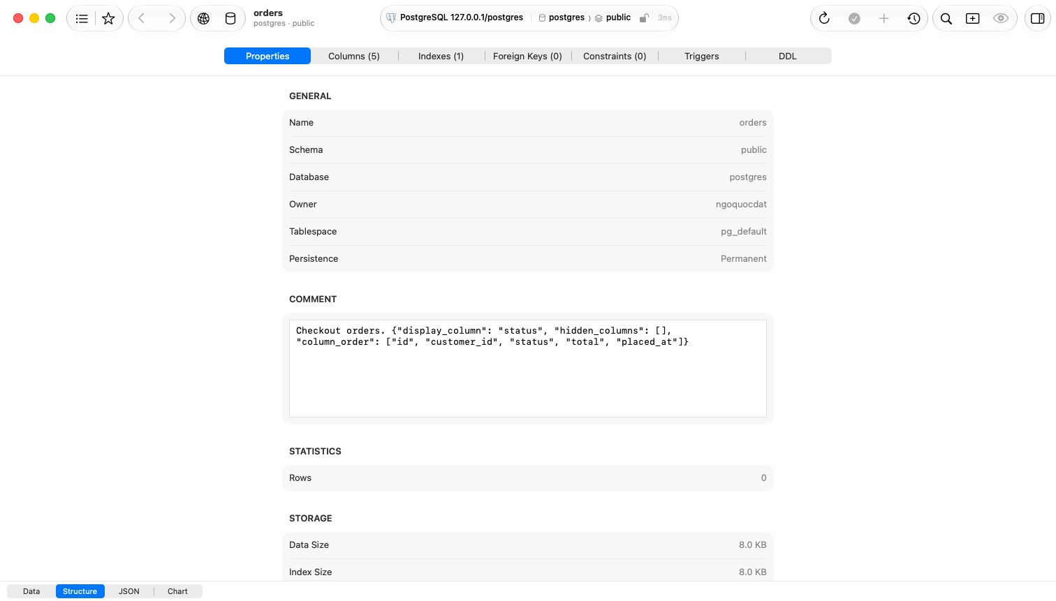 A grouped form listing name, schema, owner and tablespace above a comment field holding several lines of JSON