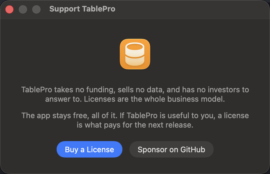 A window stating the funding model above a Buy a License button and a Sponsor on GitHub button