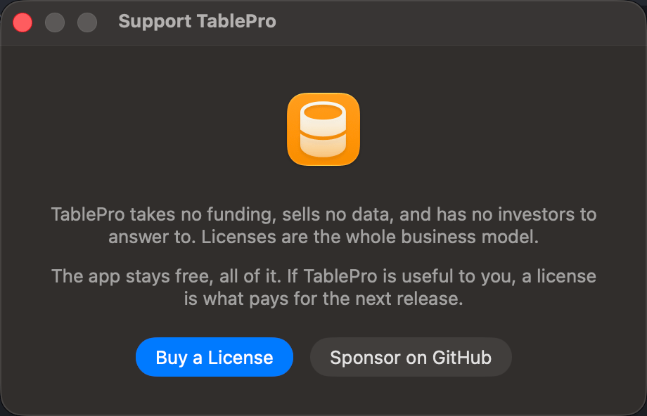 A window stating the funding model above a Buy a License button and a Sponsor on GitHub button