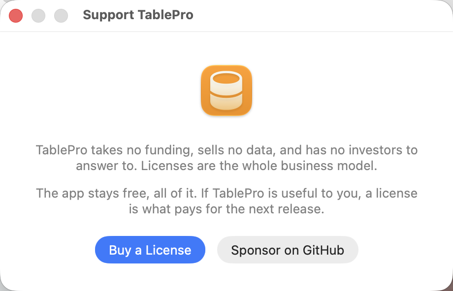 A window stating the funding model above a Buy a License button and a Sponsor on GitHub button