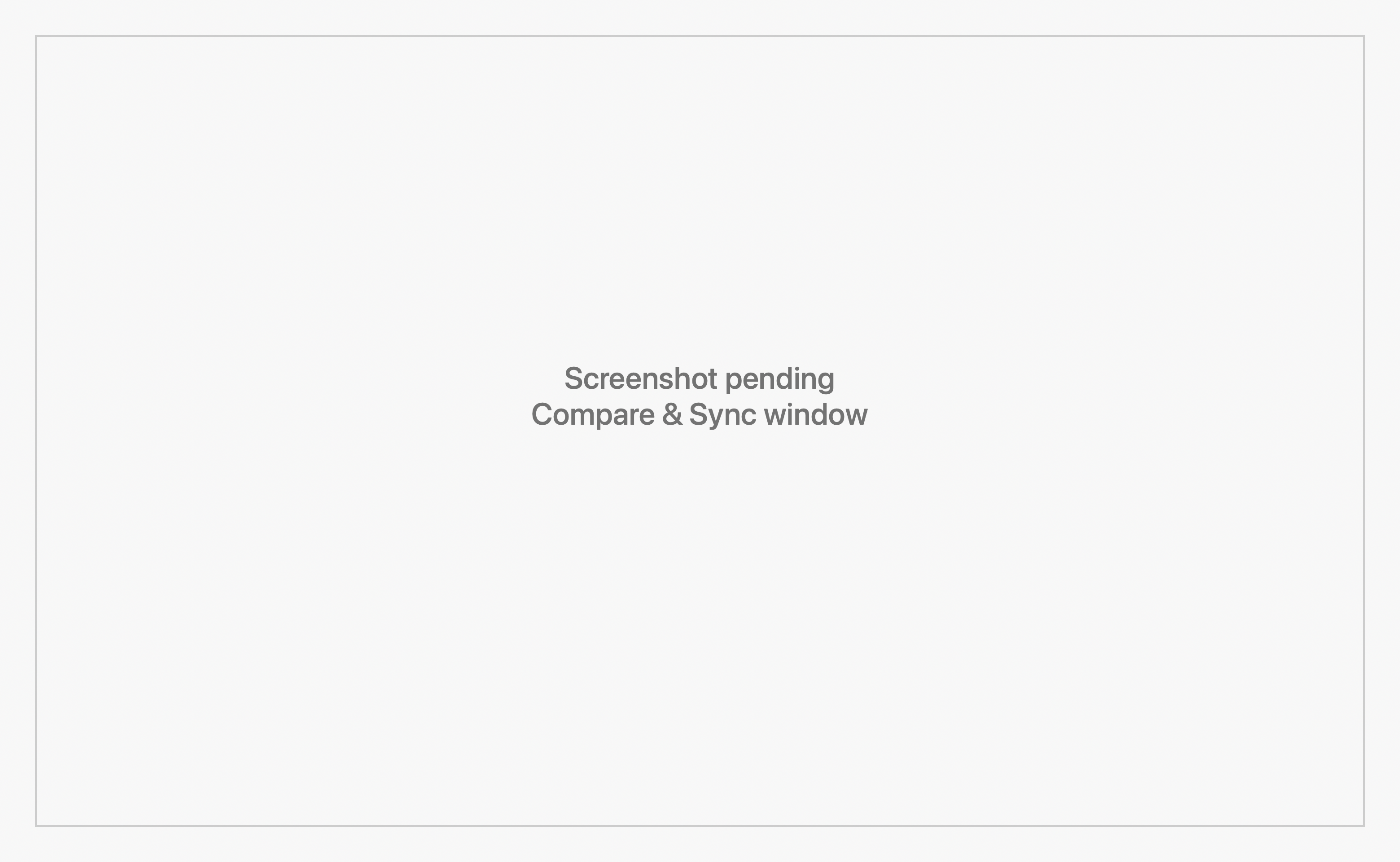 Compare and Sync window with a results table on the left and a two-up definition diff on the right