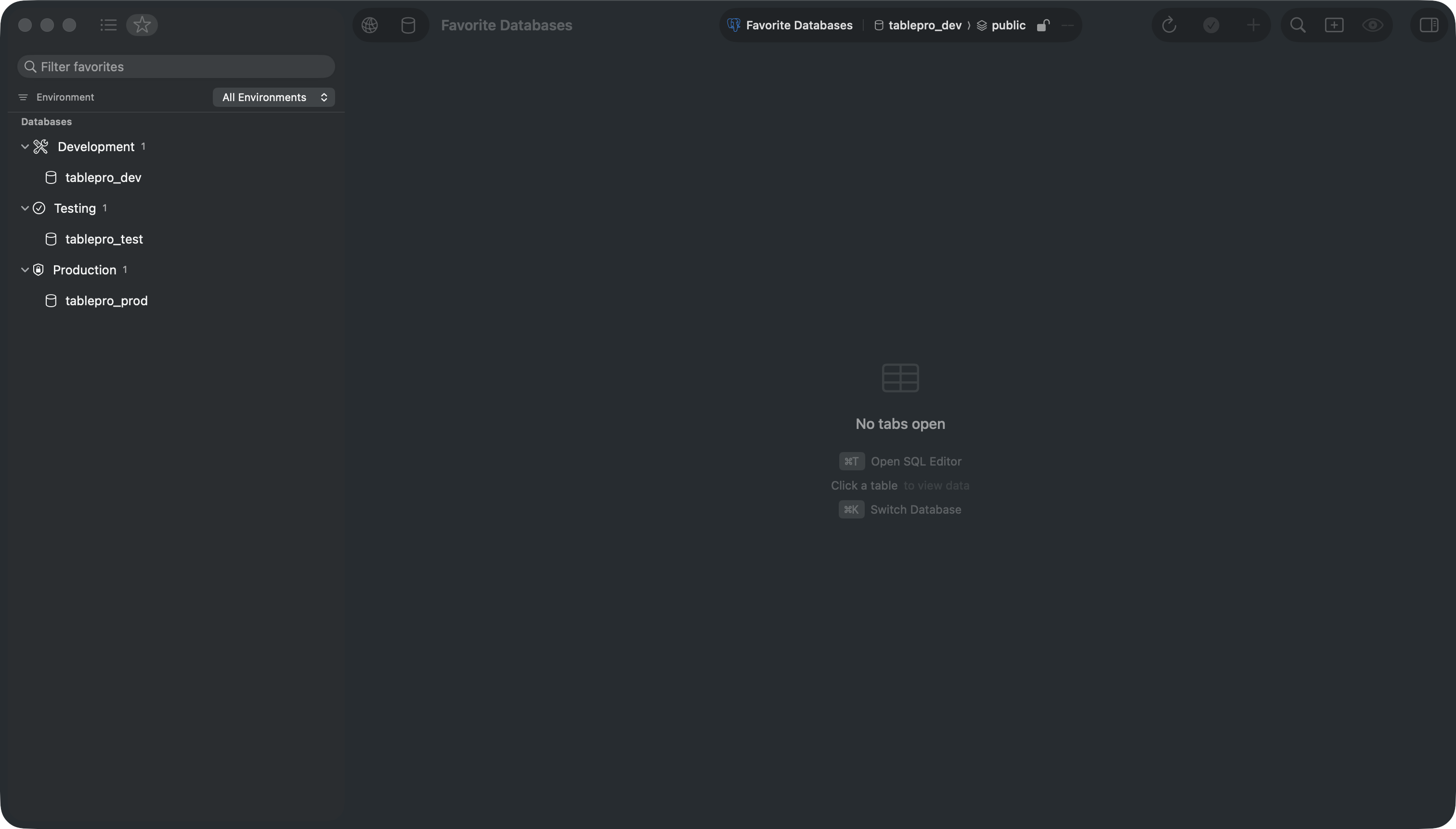 Favorite databases grouped into Development, Testing, and Production in the Favorites sidebar