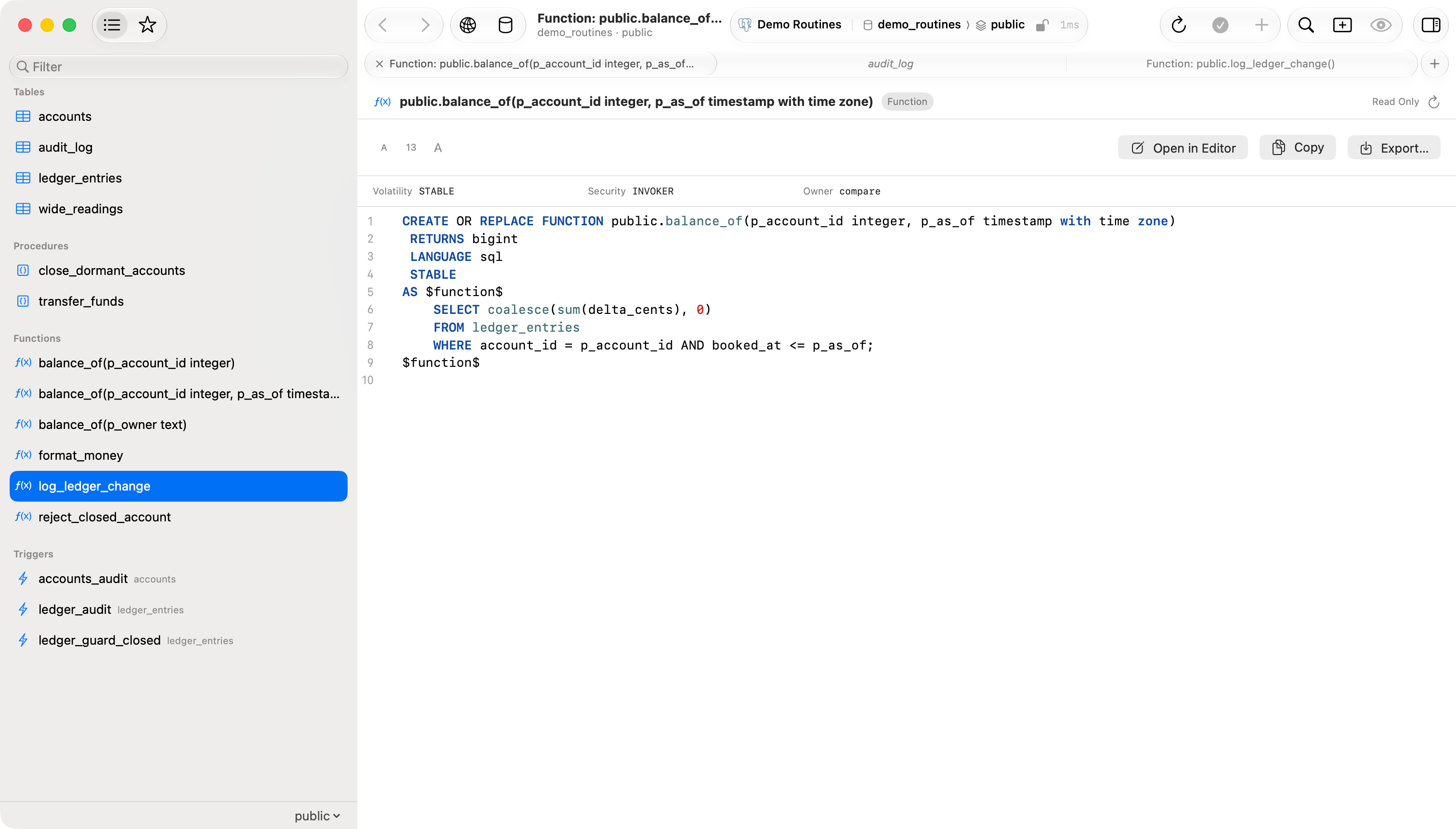 Sidebar tree with Procedures, Functions, and Triggers expanded, and a function's source in a tab beside it