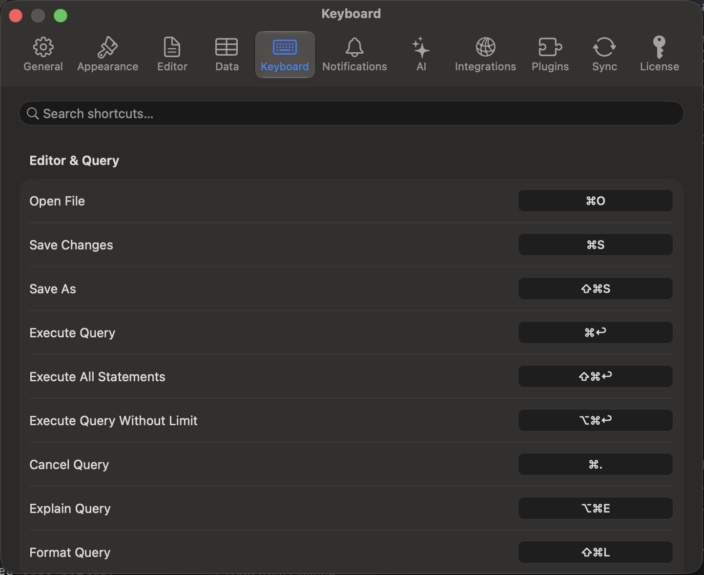 Keyboard settings with the shortcut recorder