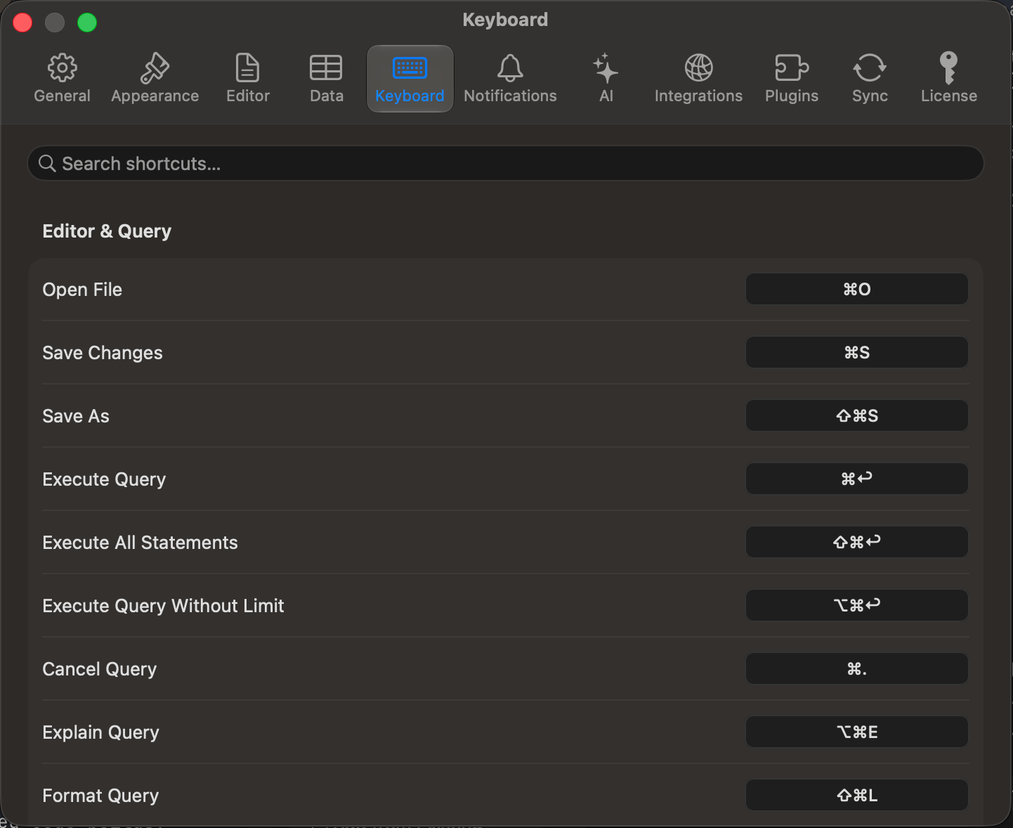 Keyboard settings with the shortcut recorder