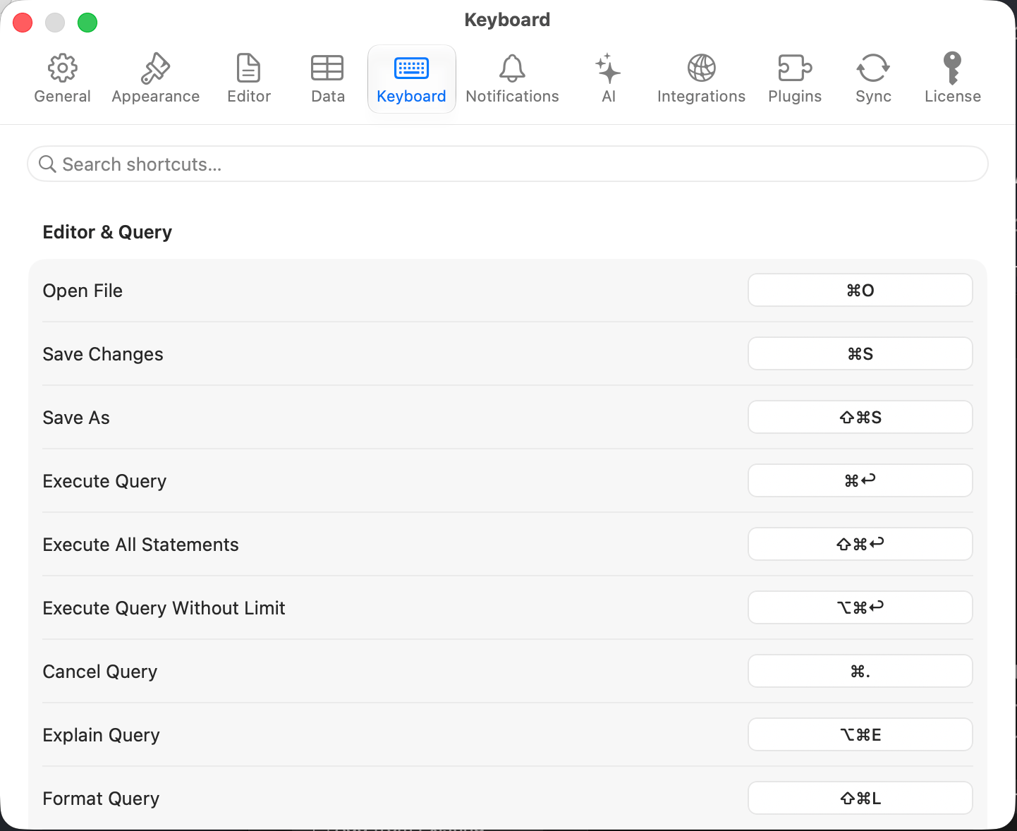 Keyboard settings with the shortcut recorder