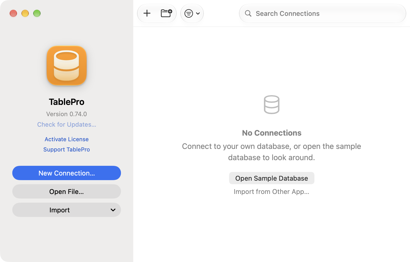 Welcome window with New Connection, Open File and Import on the left, and a search field over an empty connection list offering the sample database