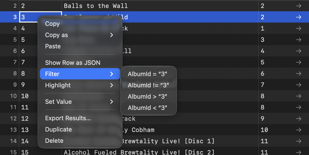 Cell context menu with the Filter submenu open, listing AlbumId = 3, != 3, > 3 and < 3