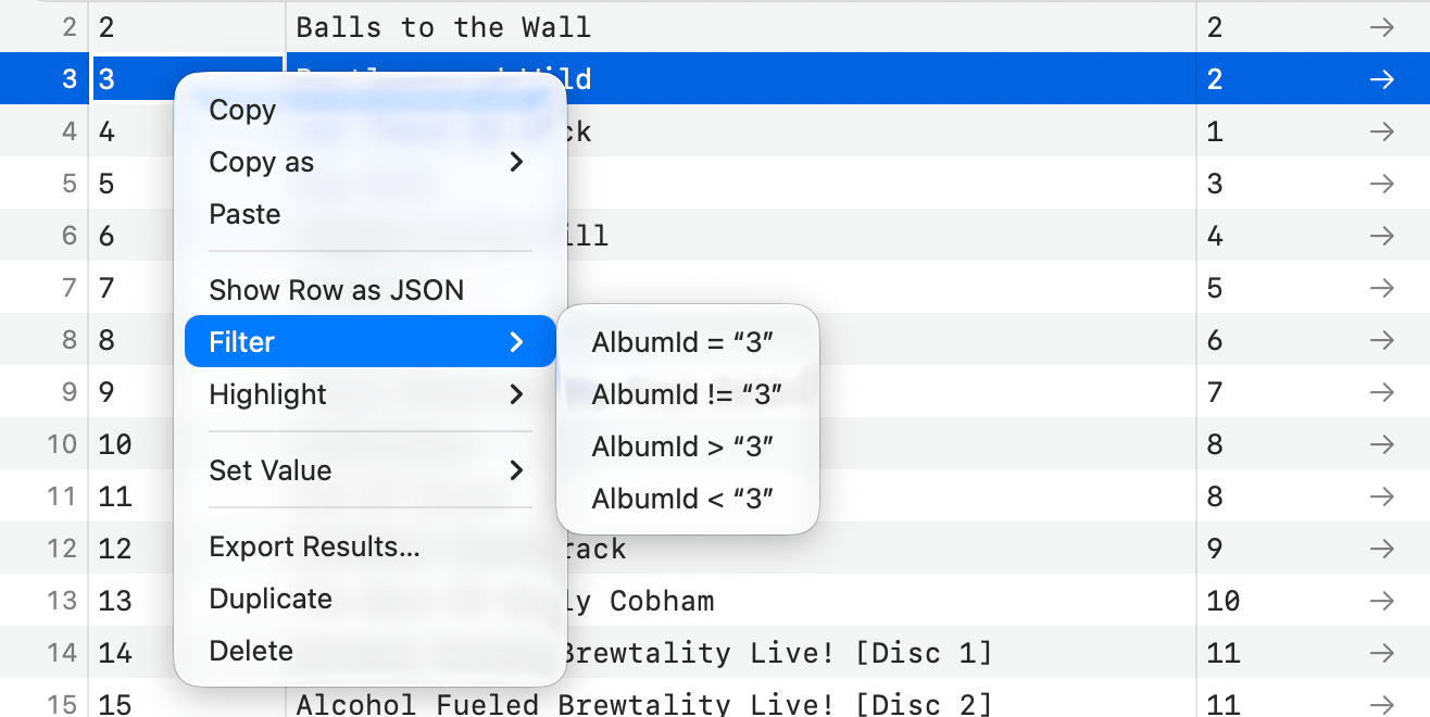Cell context menu with the Filter submenu open, listing AlbumId = 3, != 3, > 3 and < 3